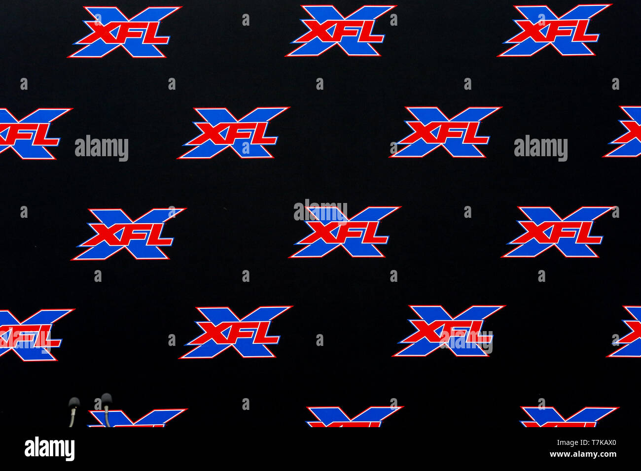 XFL Backdrop for the press conference for XFL names Winston Moss Los Angeles Head Coach on May 7, 2019 (Photo by Jevone Moore) Stock Photo