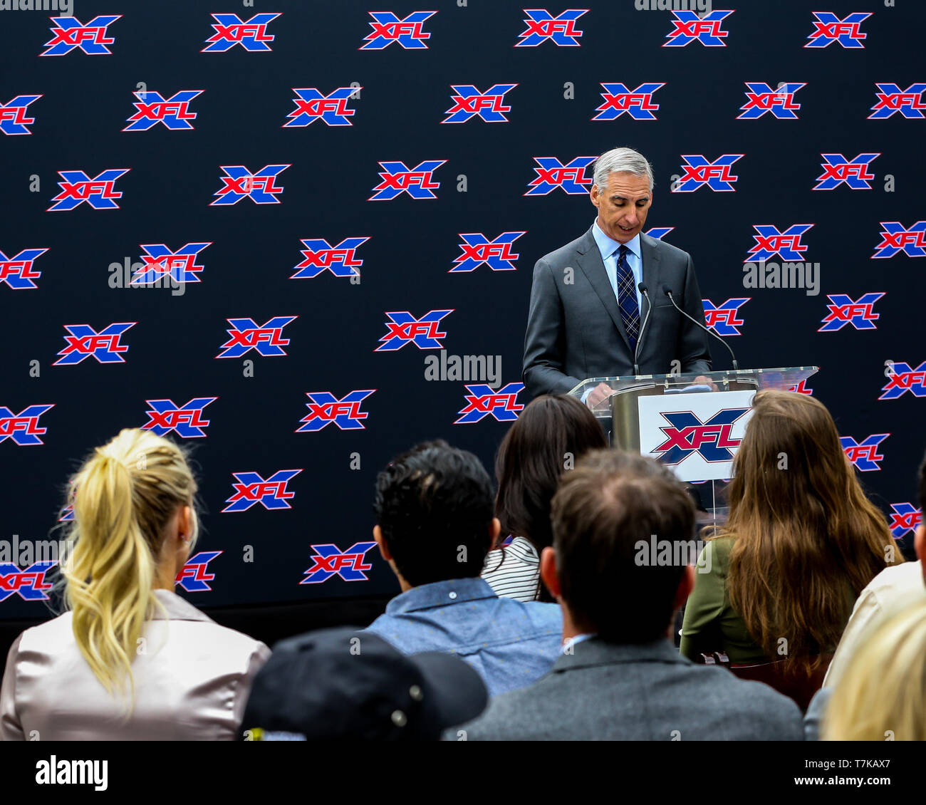 Oliver Luck during press conference for XFL names Winston Moss Los Angeles Head Coach on May 7, 2019 (Photo by Jevone Moore) Stock Photo