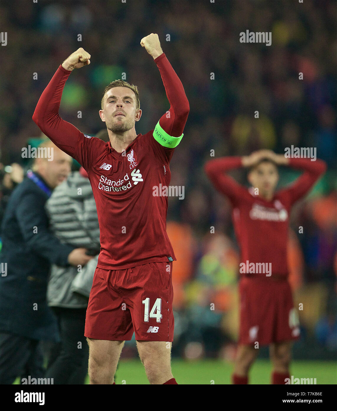 Liverpool. 8th May, 2019. Liverpool's captain Jordan Henderson celebrates  after the UEFA Champions League Semi-Final second Leg match between Liverpool  FC and FC Barcelona at Anfield in Liverpool, Britain on May 7,