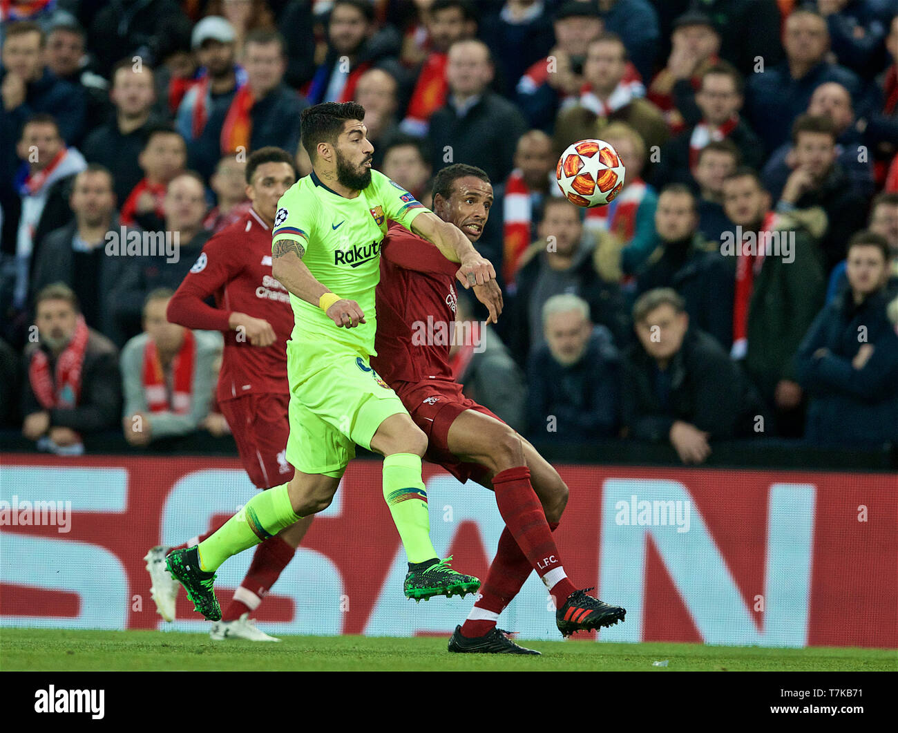 Liverpool. 8th May, 2019. Barcelona's Luis Suarez (L) challenges Liverpool's Joel Matip during the UEFA Champions League Semi-Final second Leg match between Liverpool FC and FC Barcelona at Anfield in Liverpool, Britain on May 7, 2019. Liverpool won 4-3 on aggregate and reached the final. Credit: Xinhua/Alamy Live News Stock Photo
