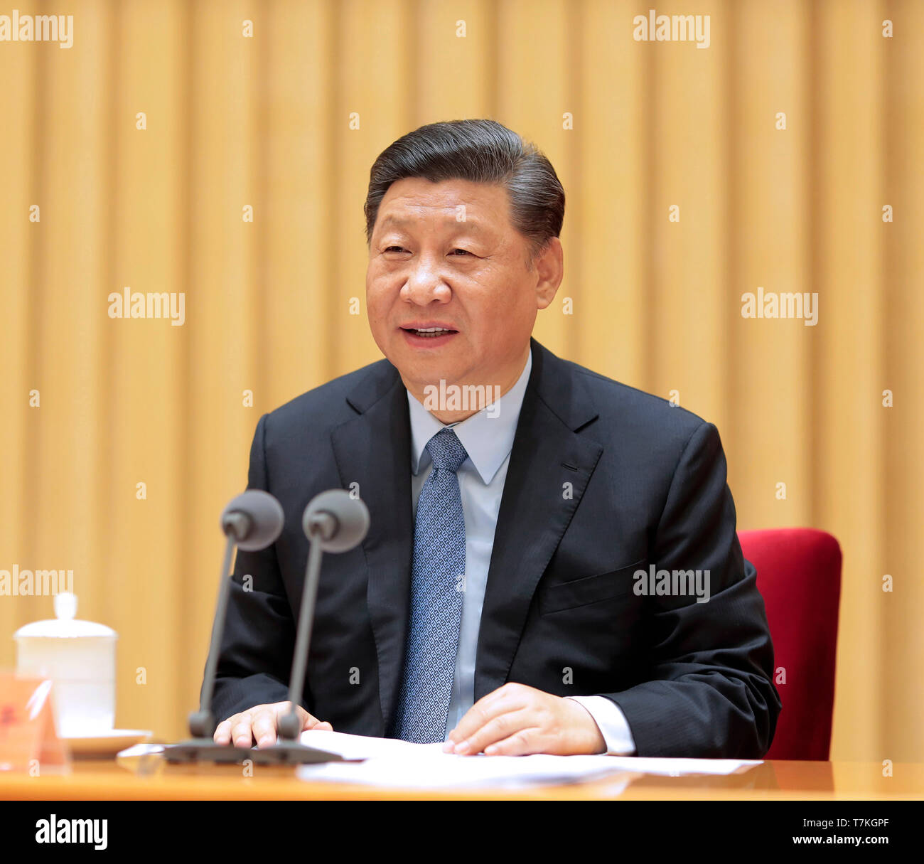 Beijing, China. 8th May, 2019. Chinese President Xi Jinping, also general secretary of the Communist Party of China Central Committee and chairman of the Central Military Commission, speaks at a national conference on public security in Beijing, capital of China. The meeting was held in Beijing on Tuesday and Wednesday. Credit: Huang Jingwen/Xinhua/Alamy Live News Stock Photo