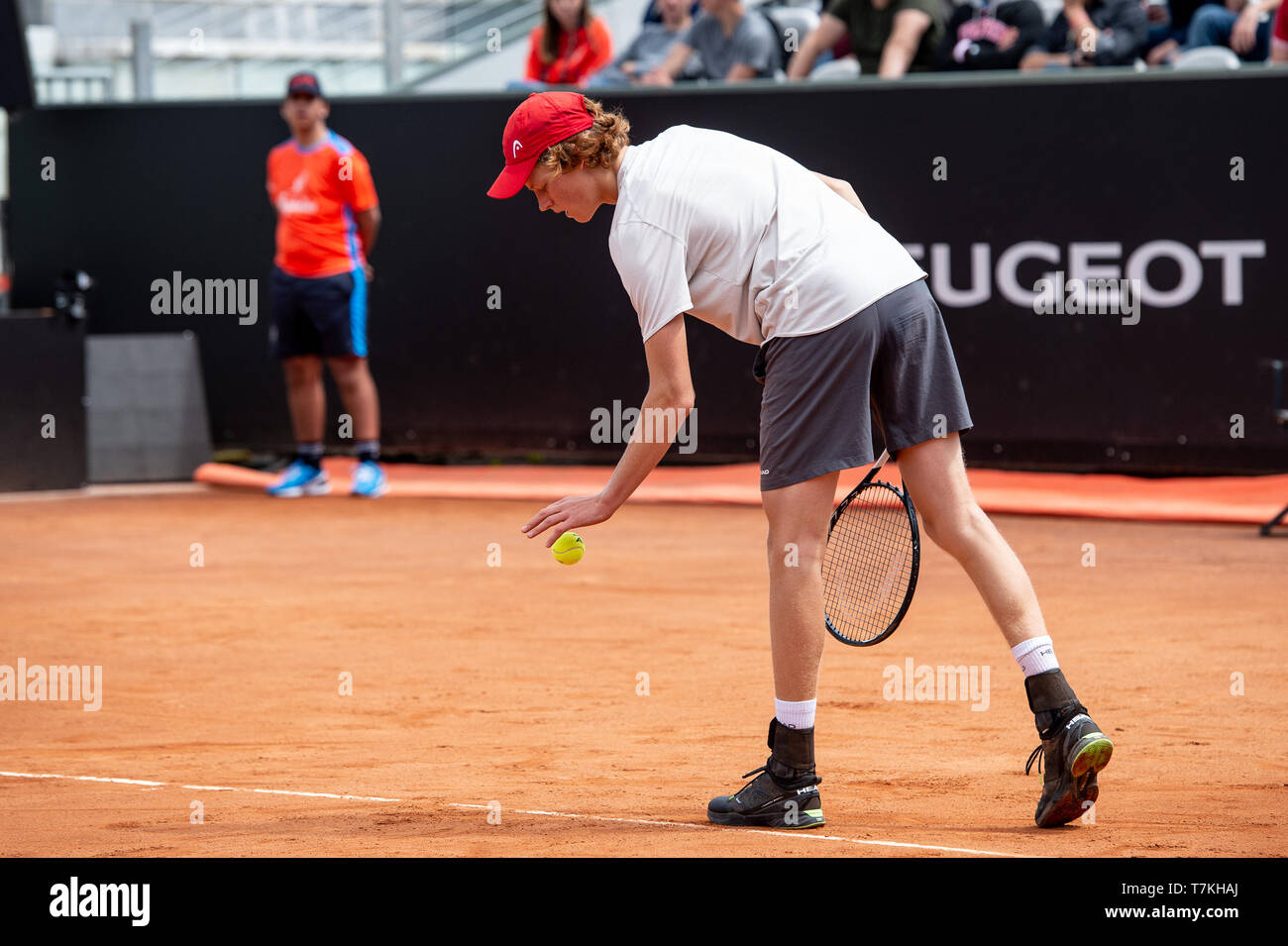Rome, Italy. 08th May, 2019. Jannik Sinner of Italy in action during his  pre-qualification match against Lorenzo Musetti of Italy during the ATP  Masters 1000 Rome - 2019 Italian Open at the