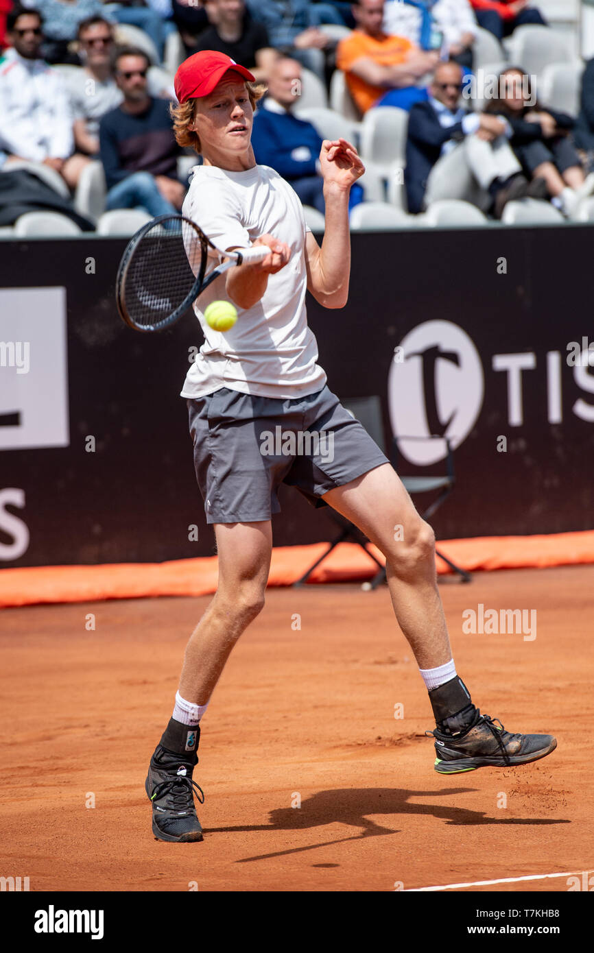 Rome, Italy. 08th May, 2019. Jannik Sinner of Italy in action during his  pre-qualification match against Lorenzo Musetti of Italy during the ATP  Masters 1000 Rome - 2019 Italian Open at the