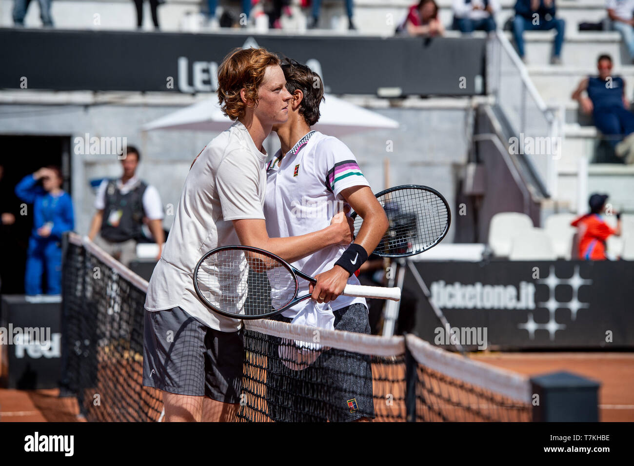 Rome, Italy. 08th May, 2019. Jannik Sinner of Italy greets Lorenzo Musetti  of Italy at the end of his pre-qualification during the ATP Masters 1000  Rome - 2019 Italian Open at the