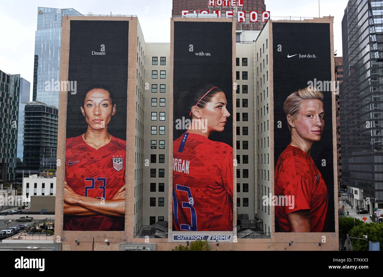 Los Angeles, United States. 07th May, 2019. General overall view of Nike  advertisement billboard featuring United States women's national team  soccer forwards Christen Press (left), Alex Morgan (center) and Morgan  Rapinoe with