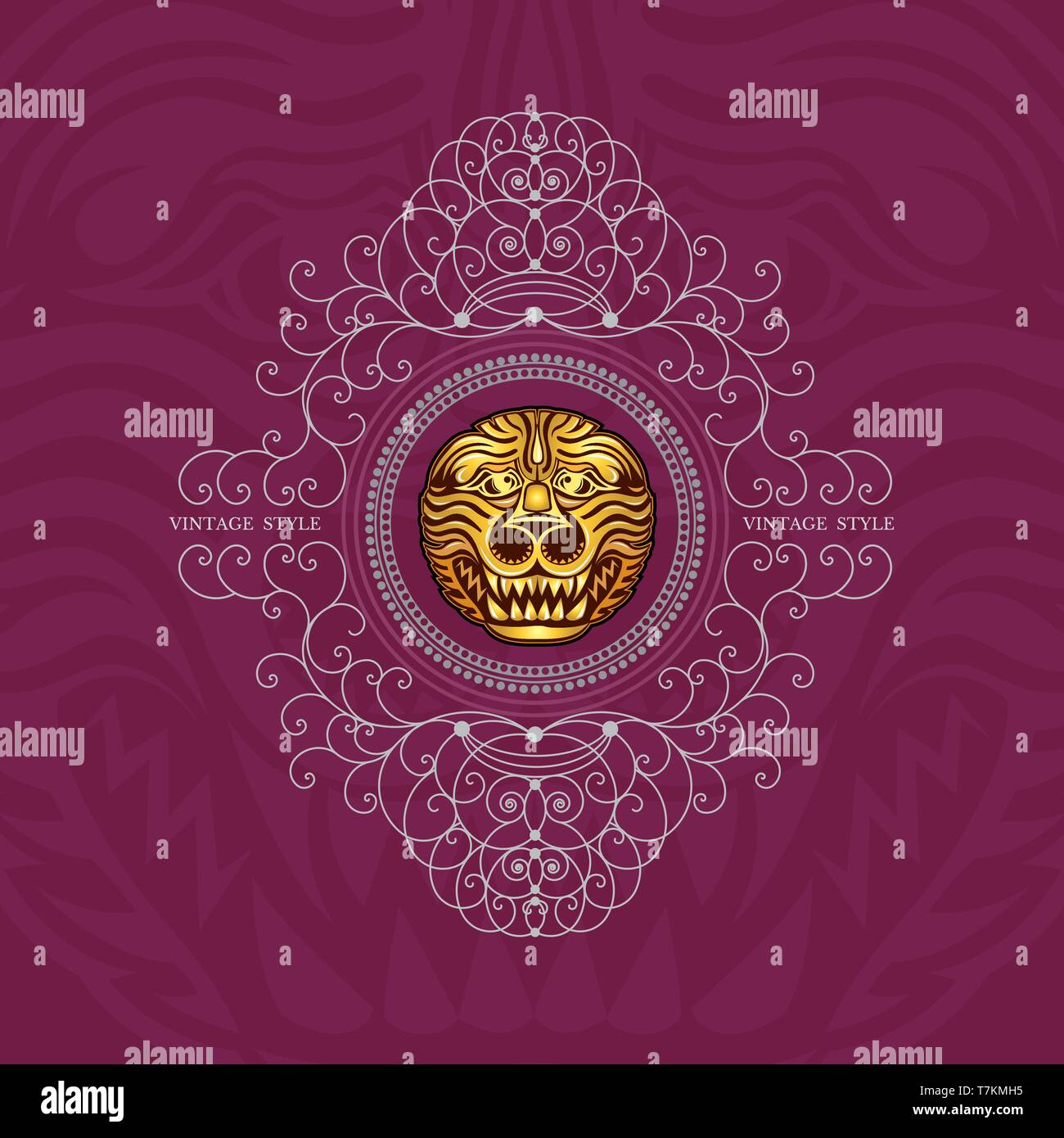 Golden lion head in center of lines swirl pattern. Royal silver ...