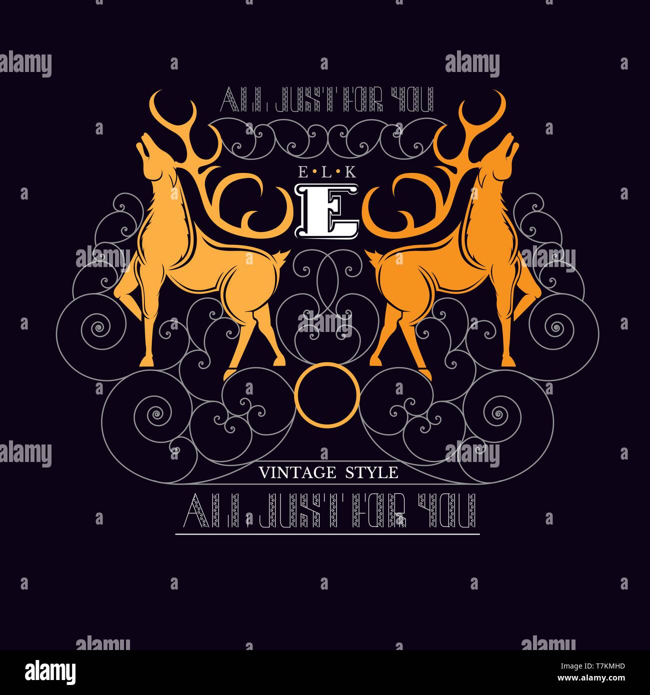letter e between deers and lines pattern. Royal monogram luxury style Stock Vector