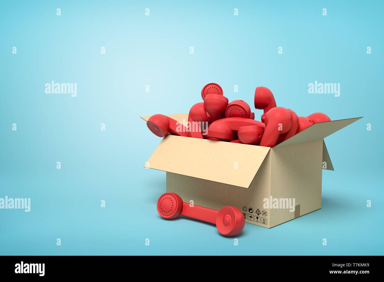 3d rendering of cardboard box full of red landline phone receivers on blue background. Stock Photo