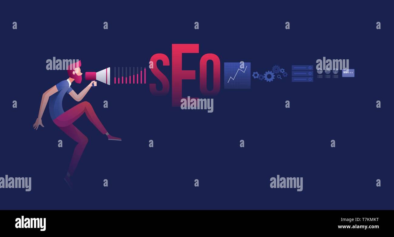 Red bearded man is holding a megaphone and announce SEO - Search Engine Optimization related things. Vector concept illustration. Stock Vector