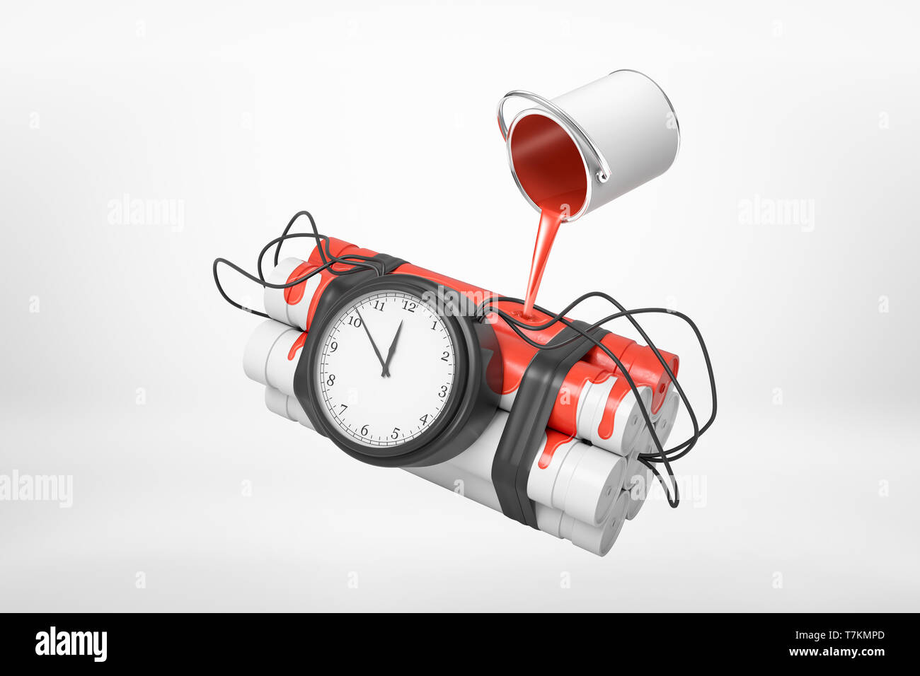 3d rendering of of small silver paint bucket turned upside down with red paint pouring on dynamite stick time bomb isolated on white background Stock Photo