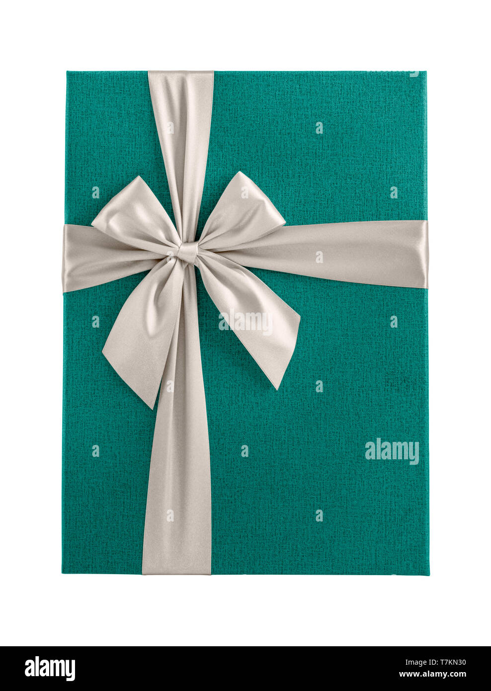 Top view green gift box with white ribbon isolated on white background, close up, design element Stock Photo