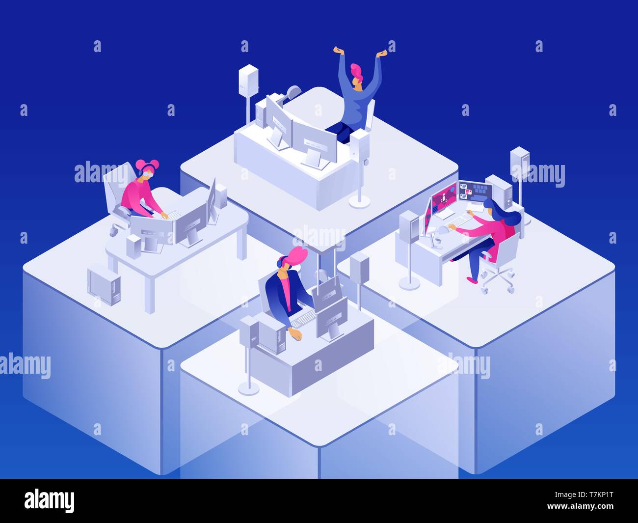 Video games. People gaming online on computers. Cyber sport. Vector 3d isometric illustration. Stock Vector