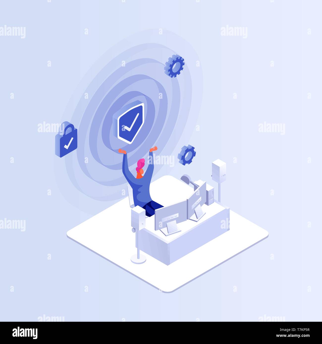 Isometric concept man work with personal computer. Happy game winner 3d vector illustration Stock Vector