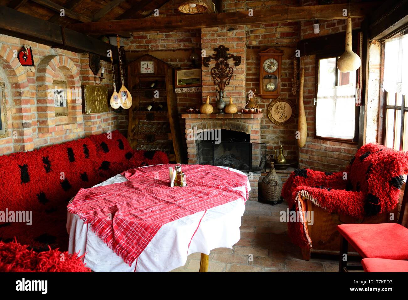 Interior of  traditional style Albanian restaurant cafe in Kruja Albania Stock Photo