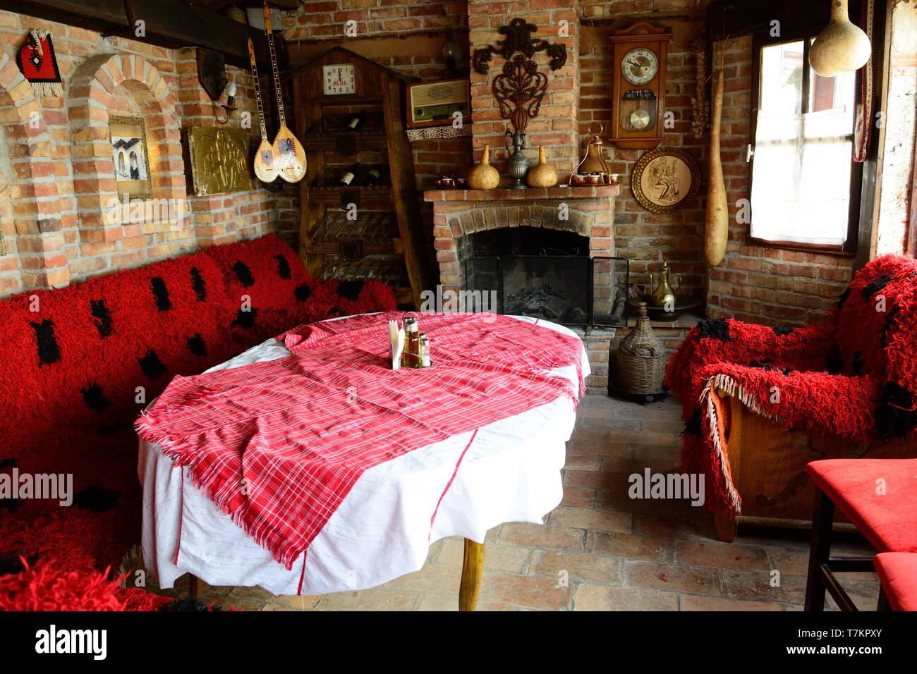 Interior of  traditional style Albanian restaurant cafe in Kruja Albania Stock Photo