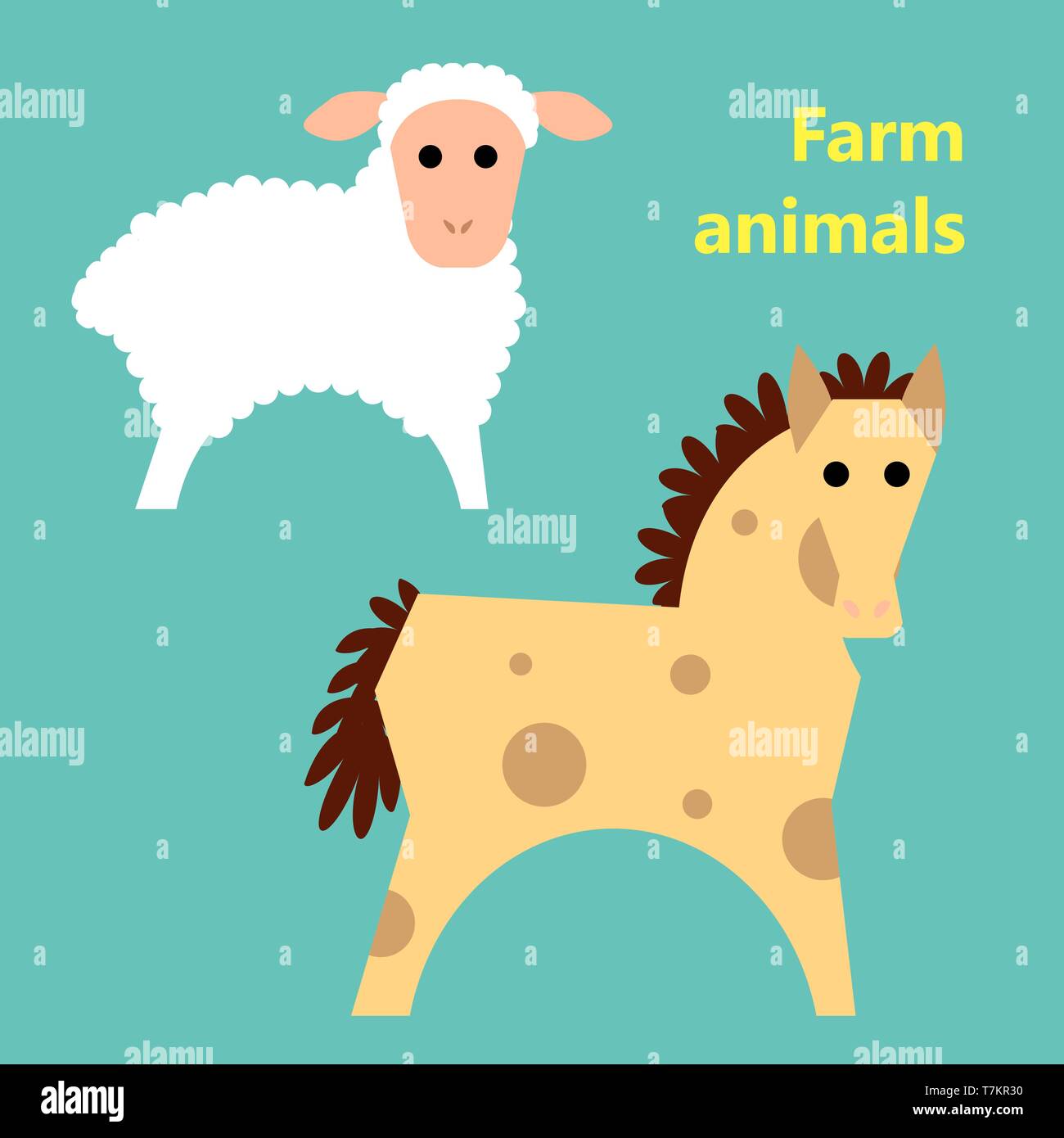 The Farm animals sheep and horse on simple color background. Educational flashcard for teaching preschool in kindergarten. Colorful flat cartoon style Stock Vector