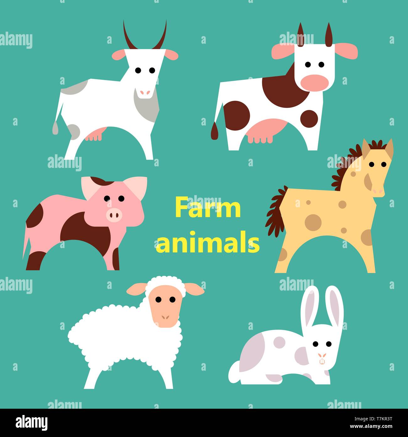 Set of farm animals on simple color background. Educational flashcard for teaching preschool in kindergarten. Colorful flat cartoon style illustration Stock Vector