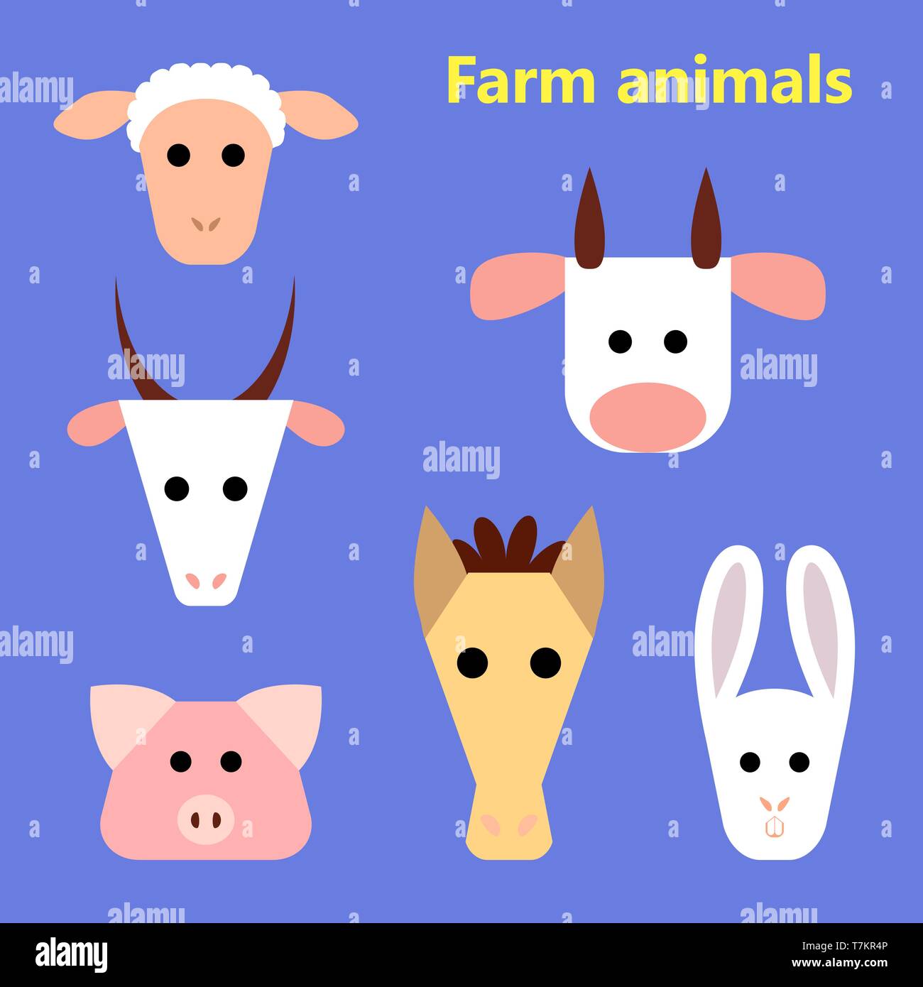 Set of farm animals heads on simple color background. Educational flashcard for teaching preschool in kindergarten. Colorful flat cartoon style illust Stock Vector