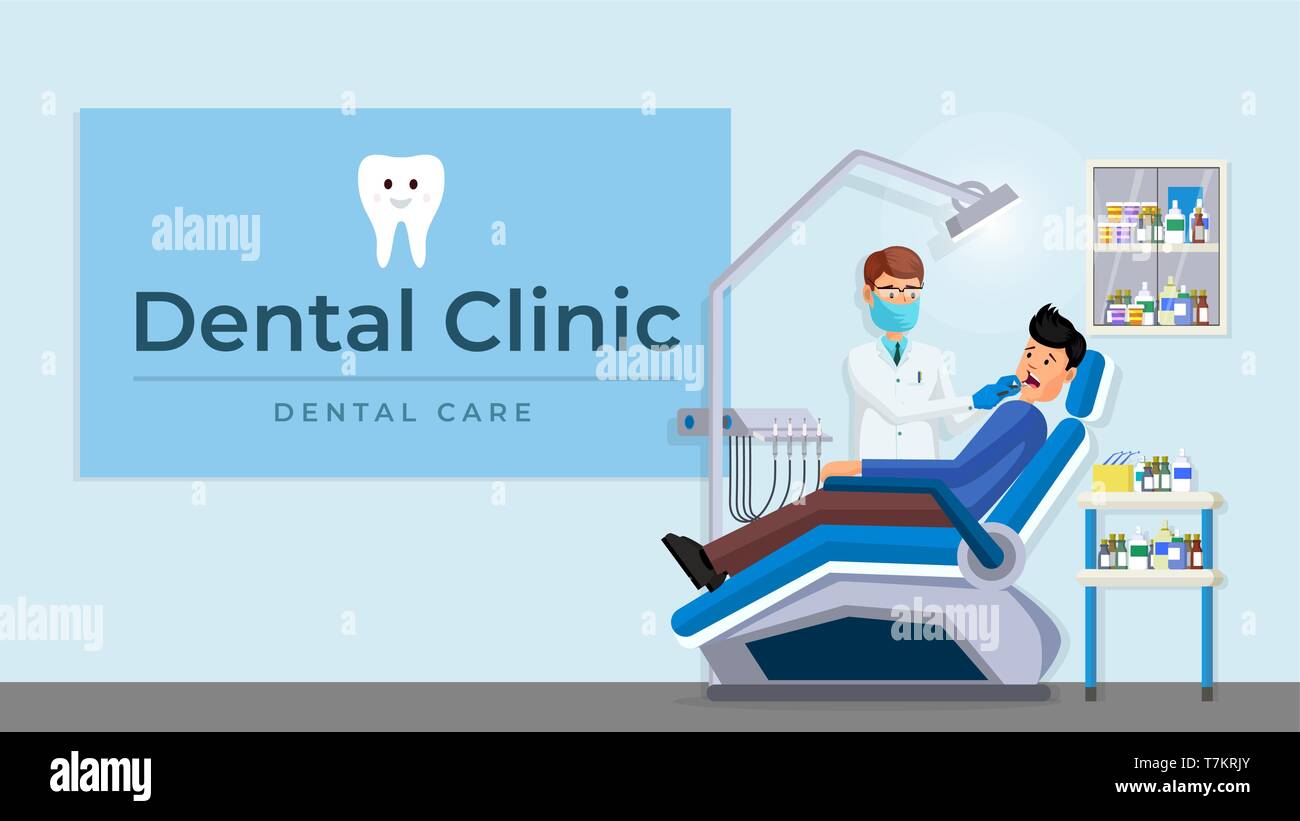 Patient with toothache in dentist chair vector illustration. Doctor examining man lying at dentistry office chair flat style design. Tooth ache checkup examination appointment. Dental care concept Stock Vector