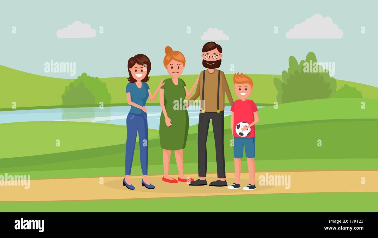 Mother and father with two children of different age younger boy and older girl standing in park flat style vector illustration. Family concept Stock Vector
