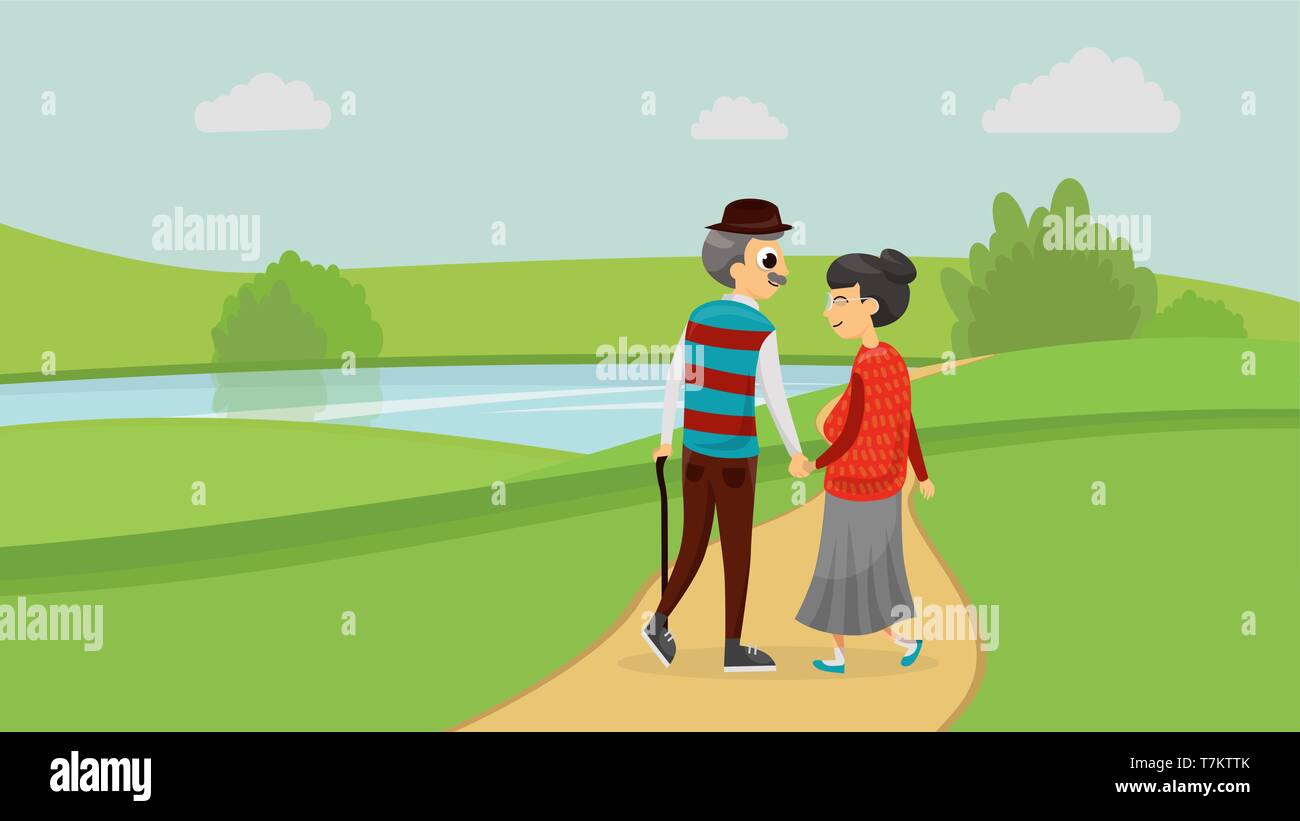 Happy old cute loving couple walking in the park flat style vector ...