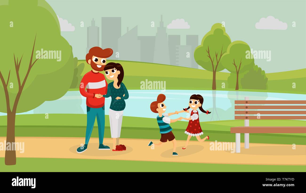 Mother and father with children having fun in the park flat style vector illustration Stock Vector
