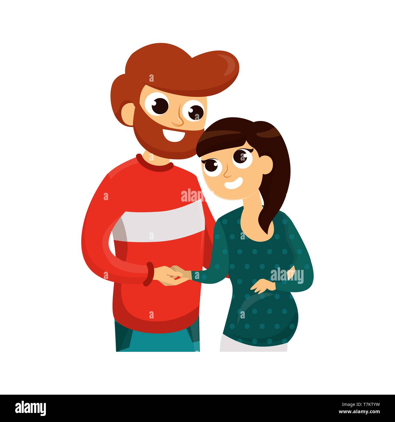 Cartoon smiling people holding hands and hugging. Lovers looking in each other eyes vector illustration. Man and pregnant woman waiting for childs birth. Isolated on white Stock Vector