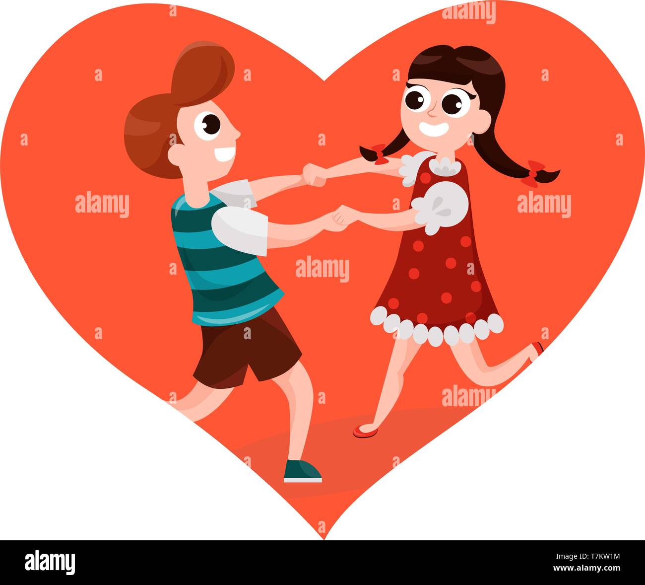 Boy and a girl playing in big heart flat style vector illustration isolated on white background Stock Vector