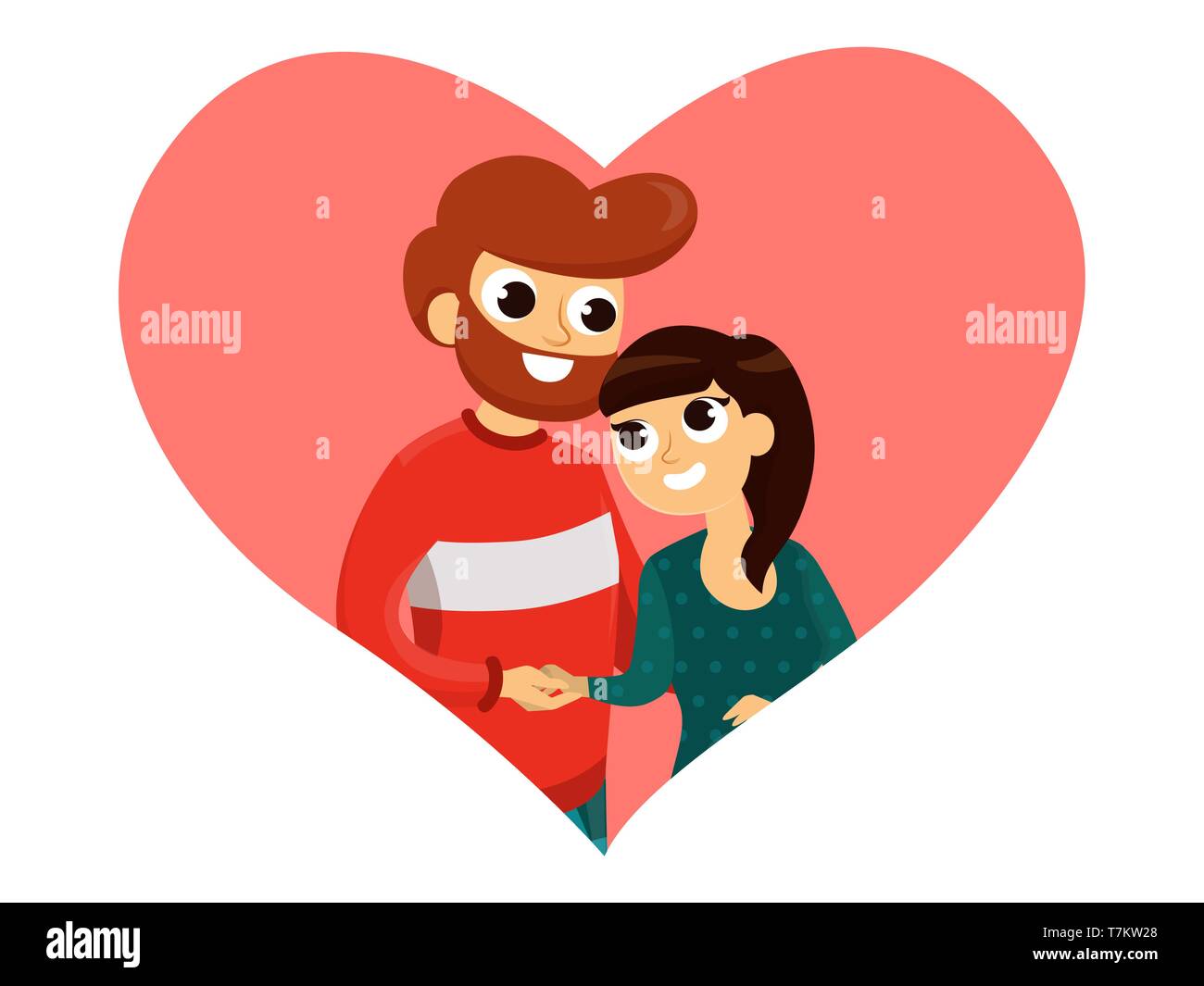 Smiling people holding hands and hugging, looking in each other in big red heart flat style vector illustration isolated on white background Stock Vector