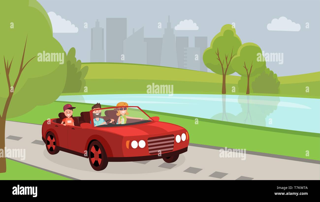 Lovely cartoon married couple with son driving on red car vector illustration. Happy parents with child enjoying travelling. Urban landscape Stock Vector