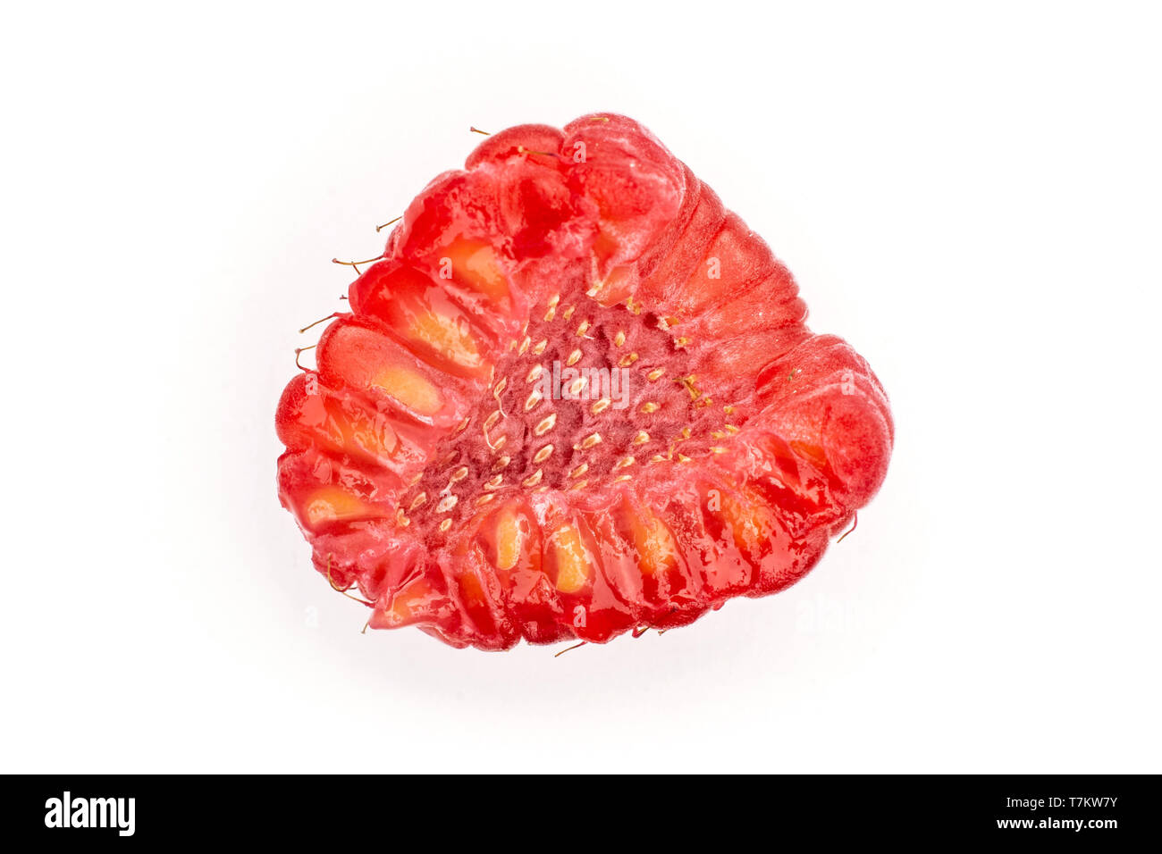 One half of fresh red raspberry cross section flatlay isolated on white background Stock Photo