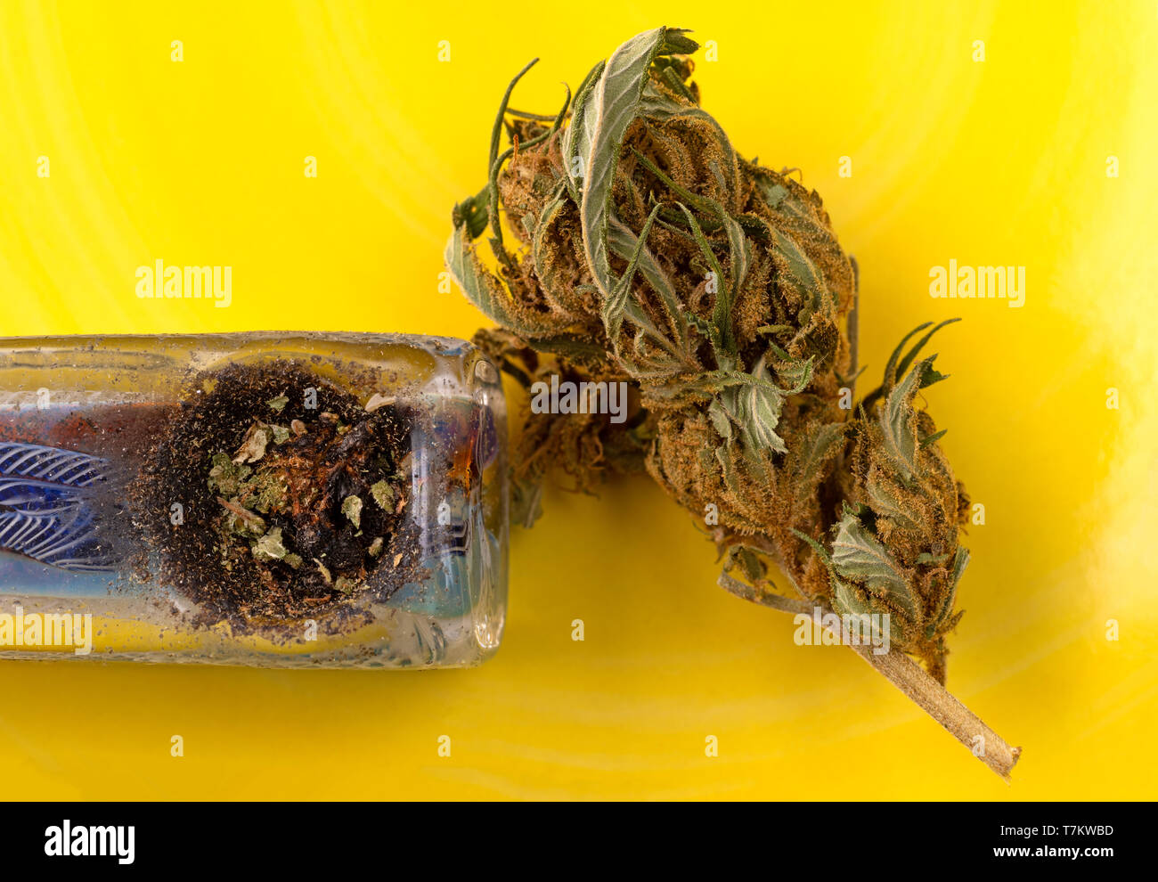 Overhead close view of a marijuana bud on a yellow background with a small generic pipe illuminated with natural lighting. Stock Photo