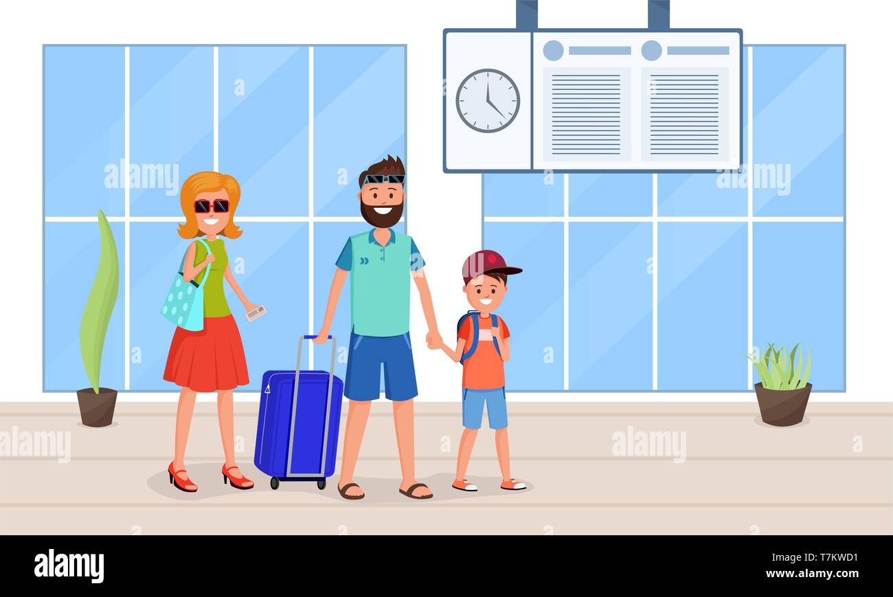 Loving cartoon parents with son going to vacations by plane vector illustration. Dad carrying big luggage and mom holding small bag. Kid wearing backpack. Airport interior Stock Vector