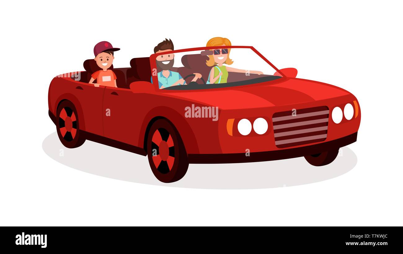 Happy family in car flat style vector illustration isolated on white background Stock Vector