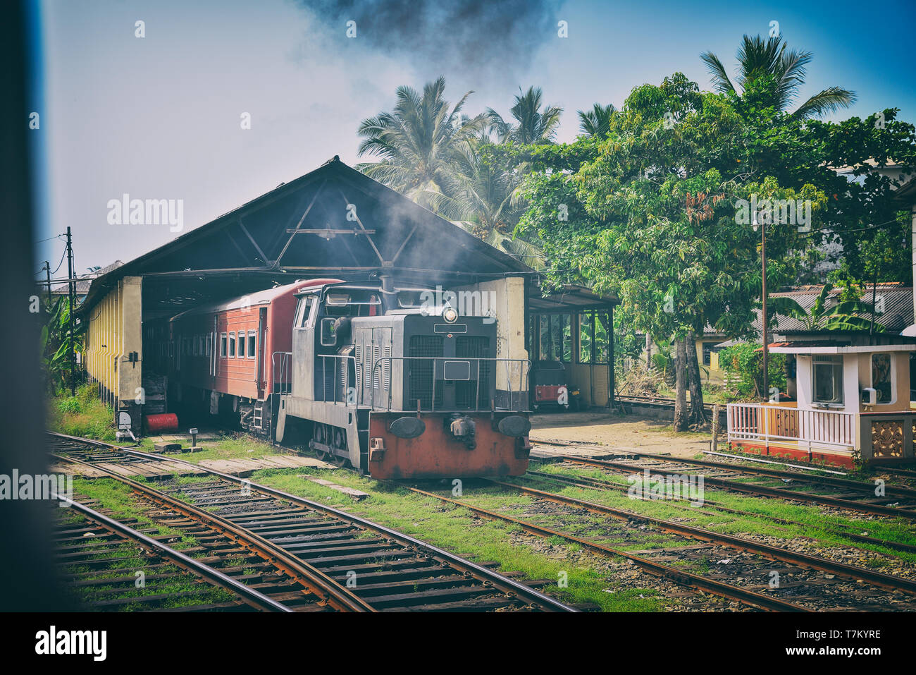 old diesel locomotive at the station Stock Photo