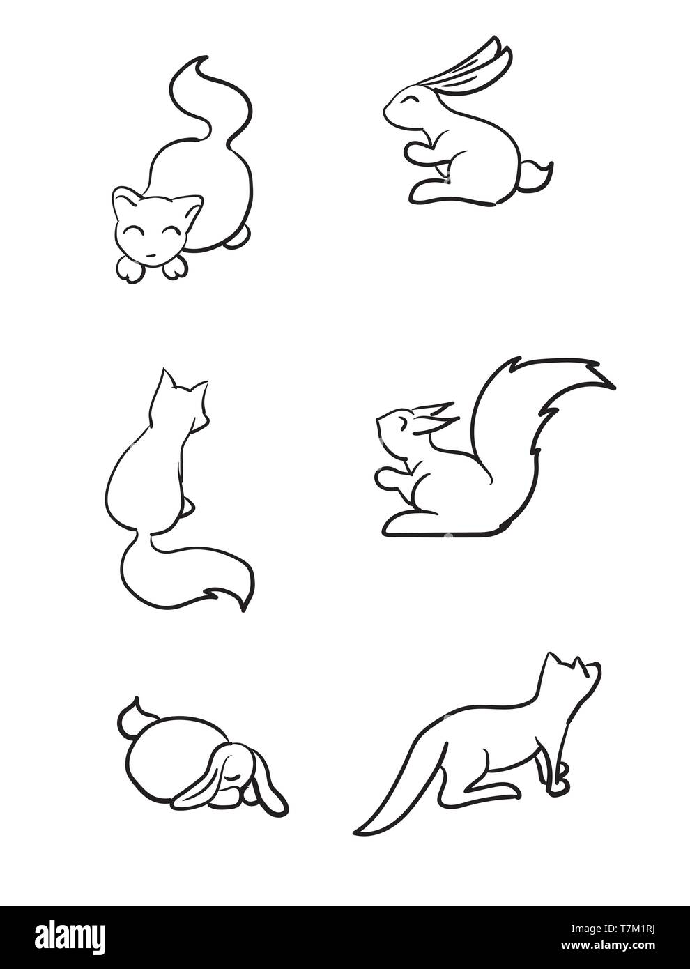 vector set of cute animals. cartoon hand drawn illustration Stock Vector