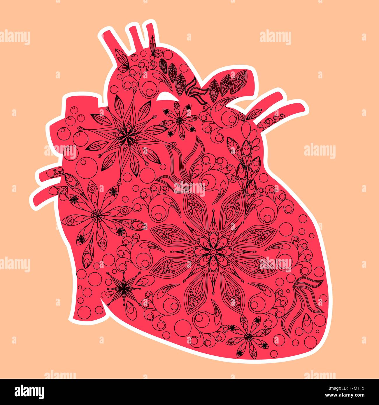 Heart anatomical - doddle art technique, valentine s day Stock Vector