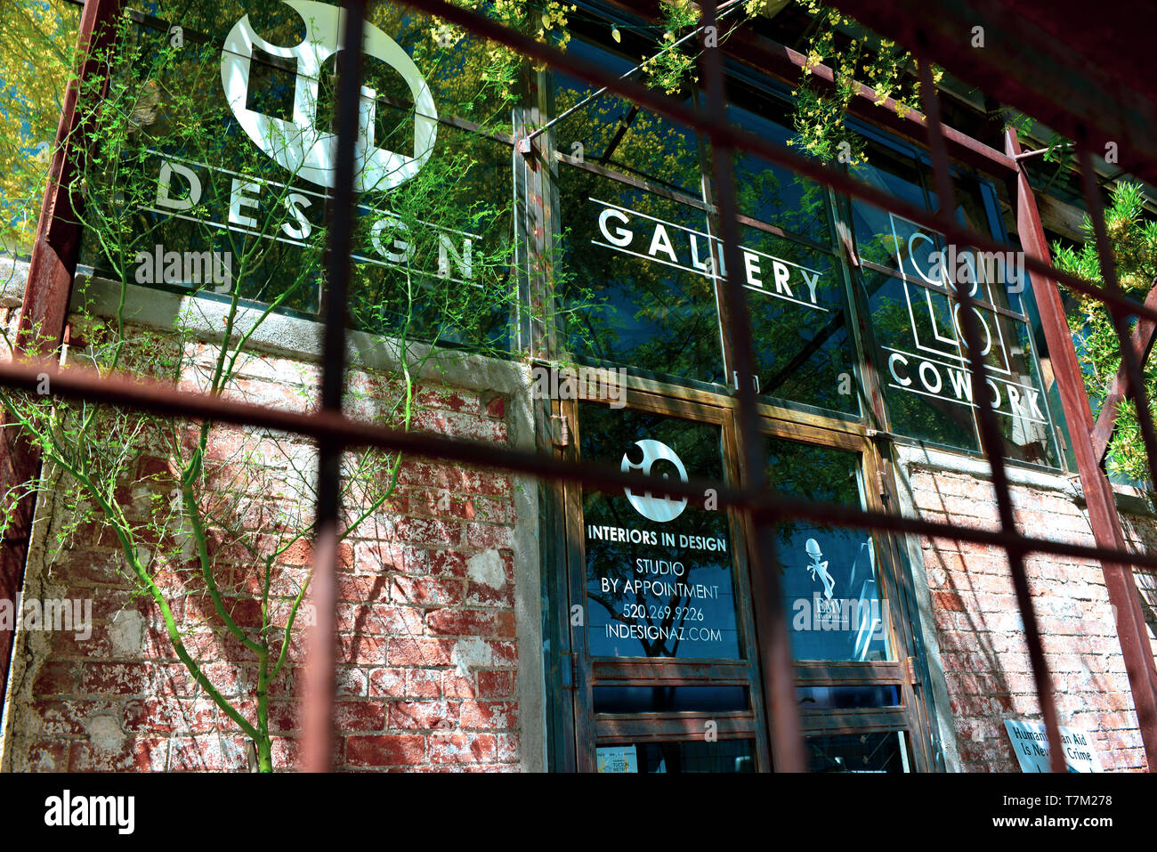 Close up of the entrance to the industrial designed 'Interiors In Design' Gallery on 7th Avenue in the Warehouse Arts District of Tucson, AZ, Stock Photo