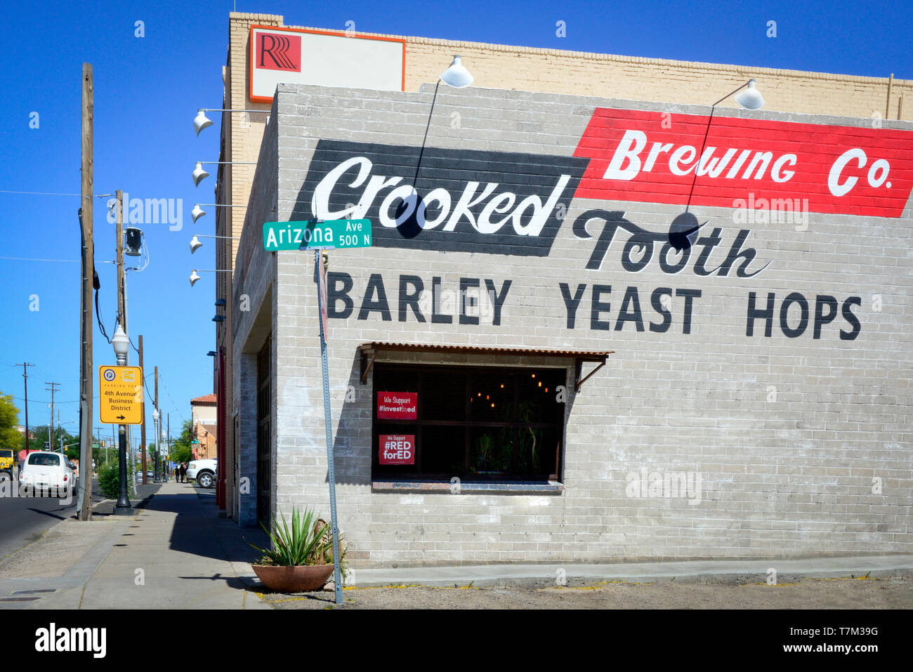 The exterior of the popular Crooked tooth Brewing Co., once an auto repair shop now serves quirky craft beer, on 6th Street in downtown Tucson, AZ Stock Photo