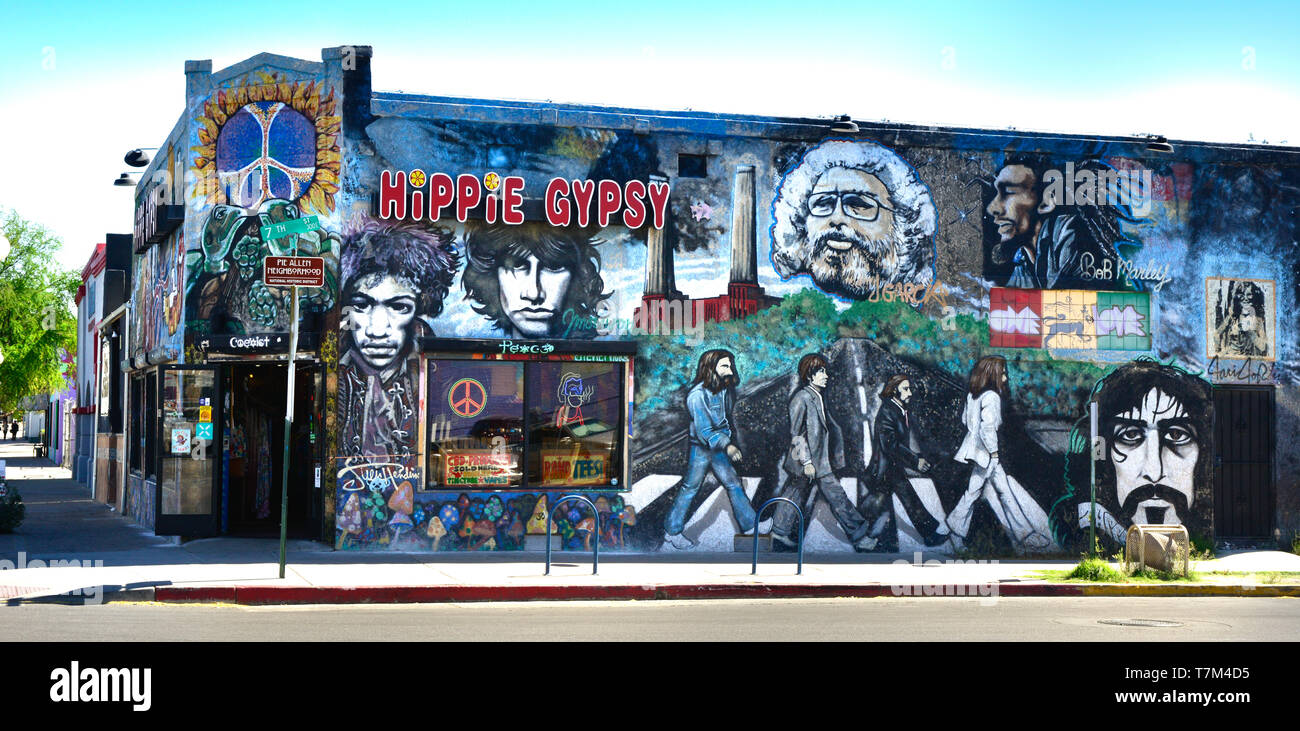 A powerful mural of dead rock stars on the side of the Hippie Gypsy, a