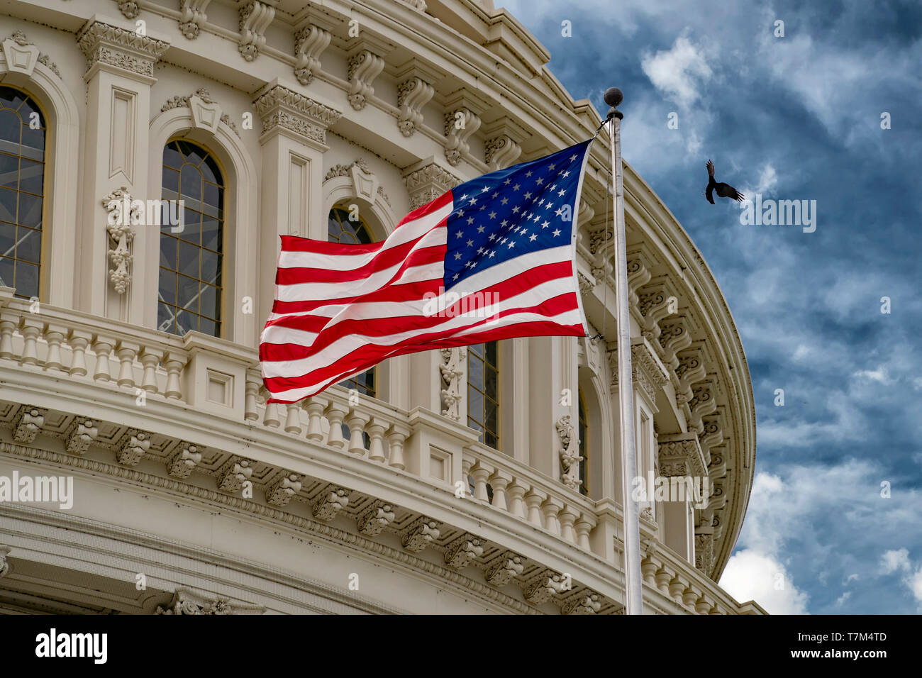 Washington DC capitol with waving flag detail on cloudy sky Stock Photo ...