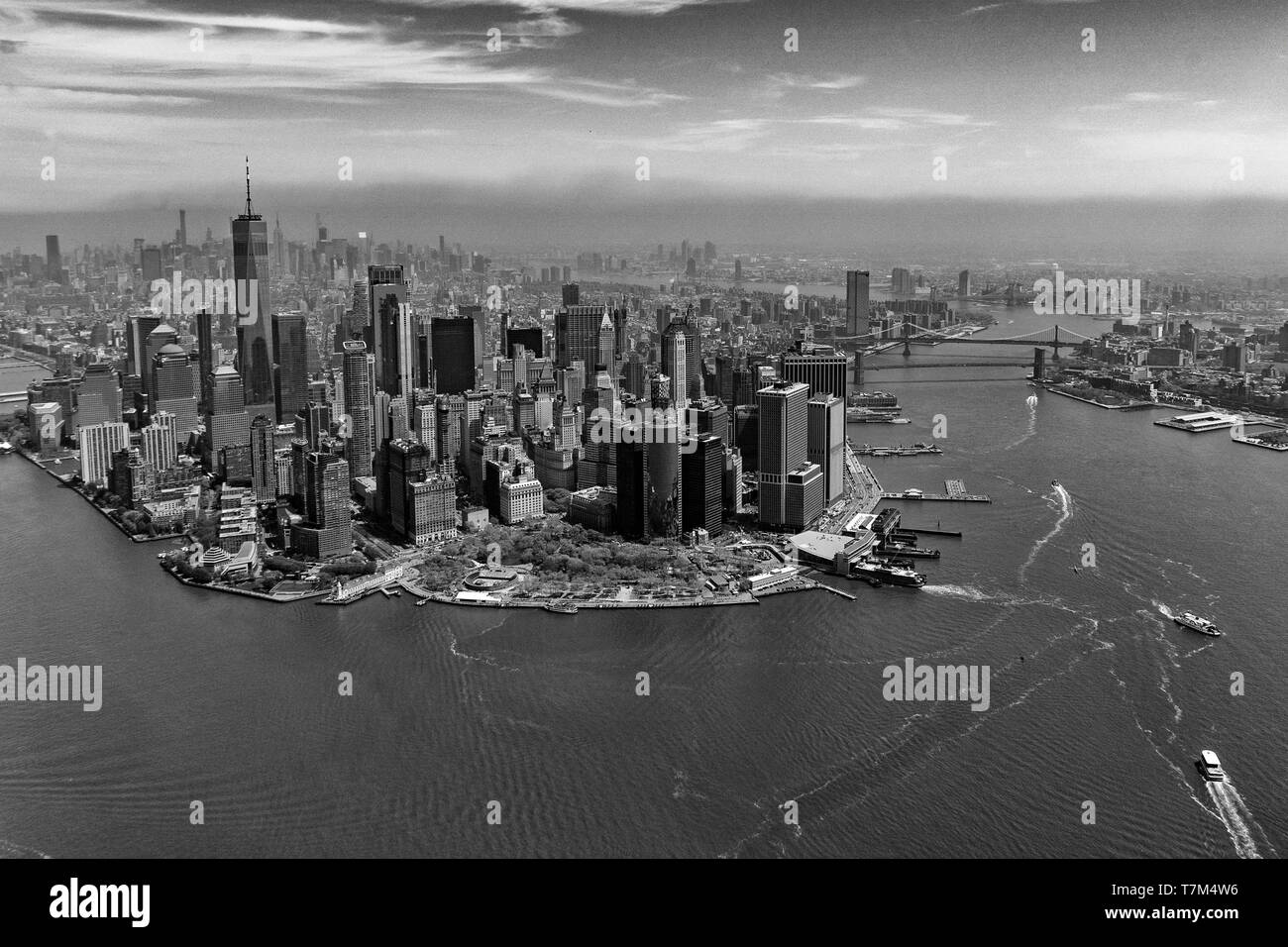 Manhattan new york city aerial view from helicopter in black and white Stock Photo