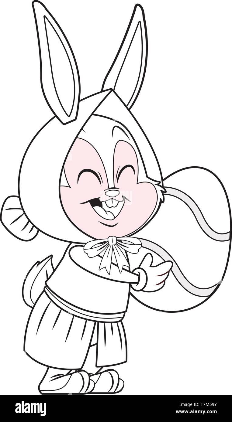 Cute easter bunny celebration holding egg black and white Stock Vector ...