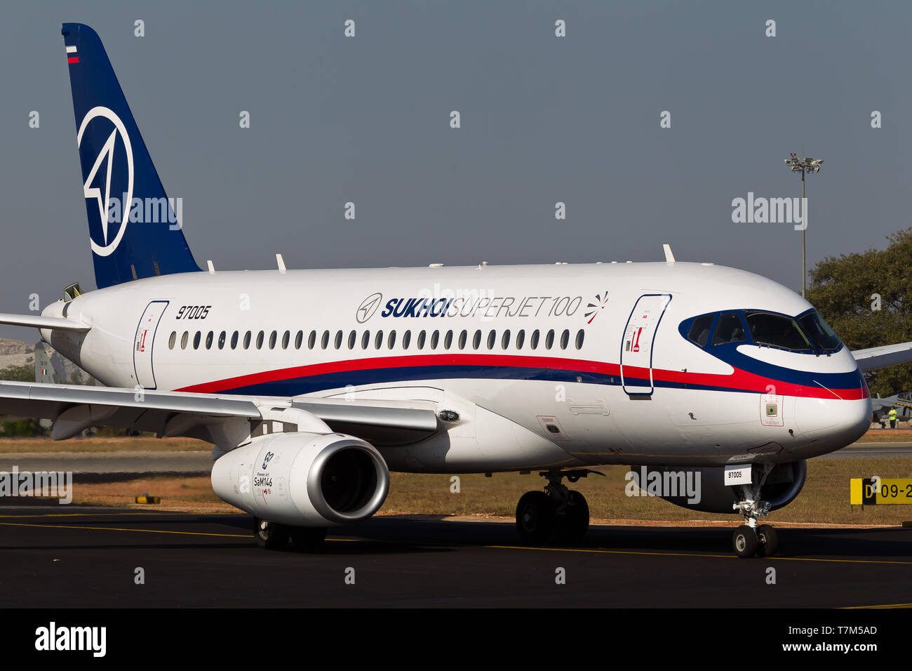 Bangalore, India - 02 11 2011: A Sukhoi Superjet 100 SJ100 performs a flying display at the Aeroindia Airshow Stock Photo