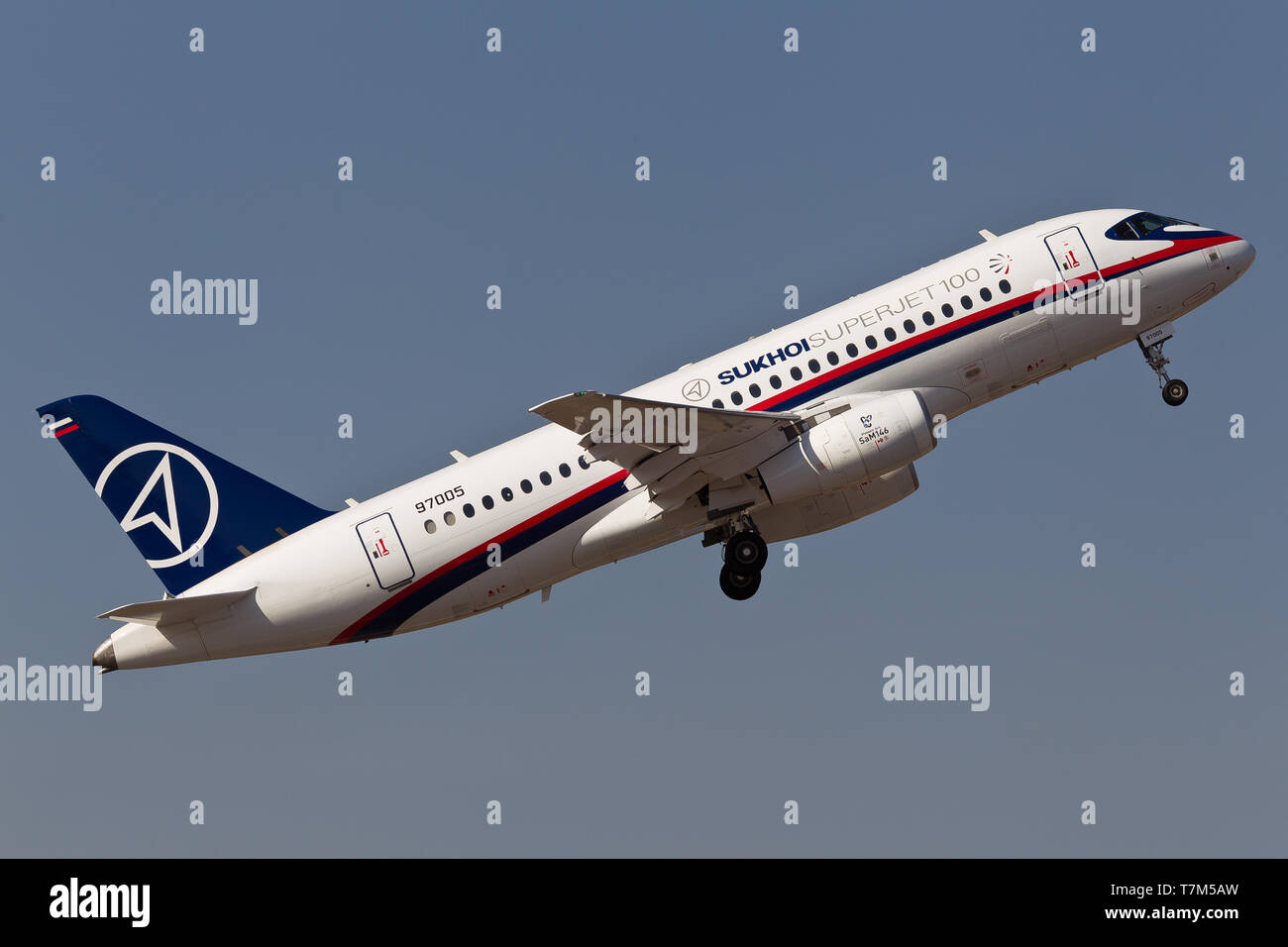 Bangalore, India - 02 11 2011: A Sukhoi Superjet 100 SJ100 performs a flying display at the Aeroindia Airshow Stock Photo