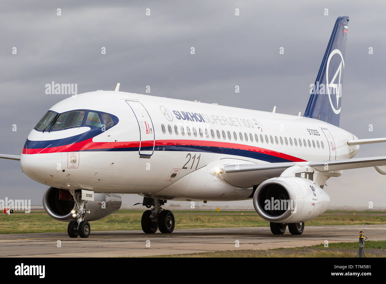 Astana, Kazakhstan - 05 02 2012: A Sukhoi Superjet 100 SJ100 performs a ...
