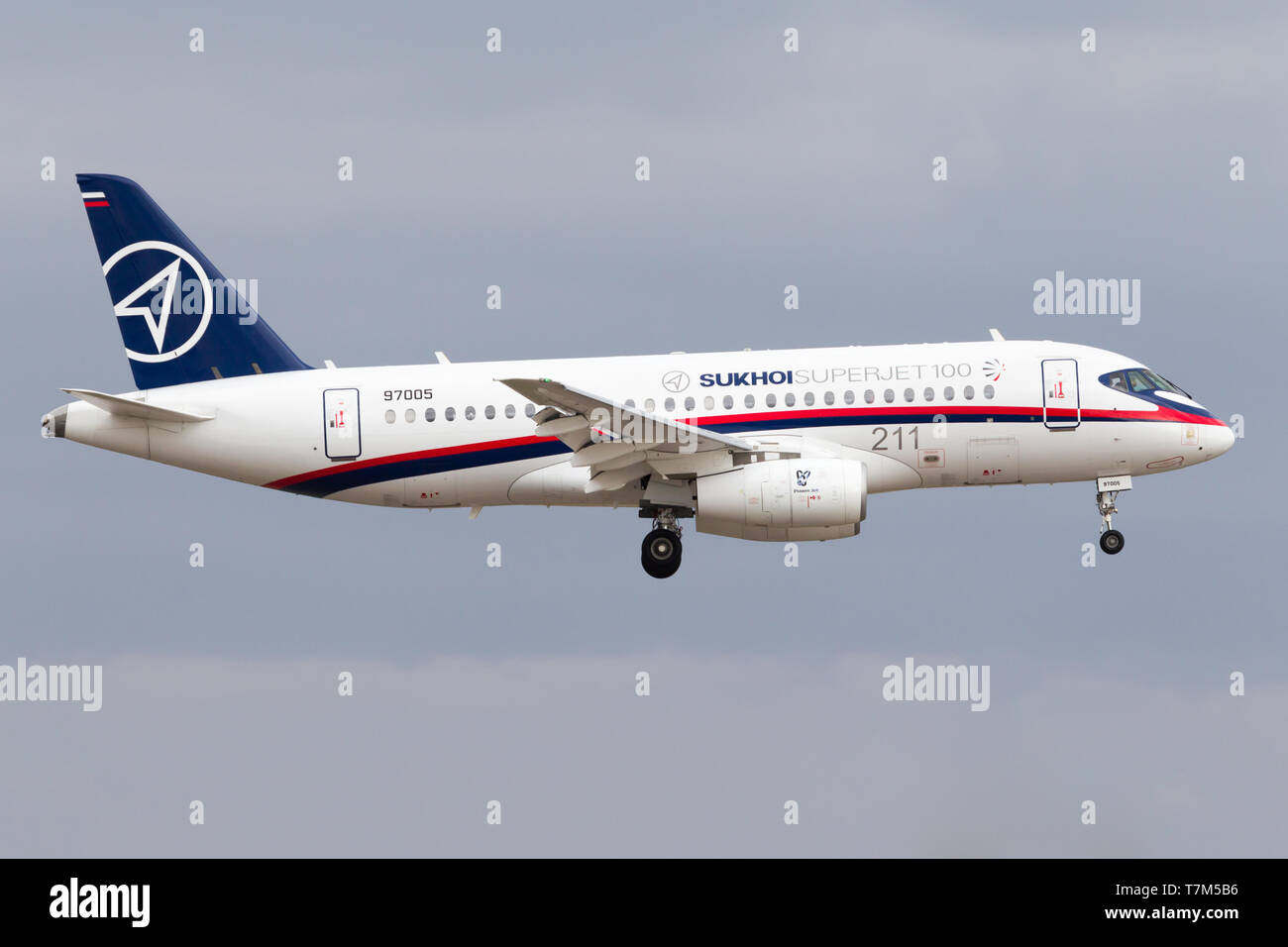 Astana, Kazakhstan - 05 02 2012: A Sukhoi Superjet 100 SJ100 performs a flying display at the KADEX Airshow Stock Photo