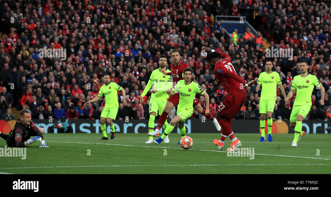 Liverpool S Divock Origi Scores His Side S First Goal Of The Game During The Uefa Champions League Semi Final Second Leg Match At Anfield Liverpool Stock Photo Alamy