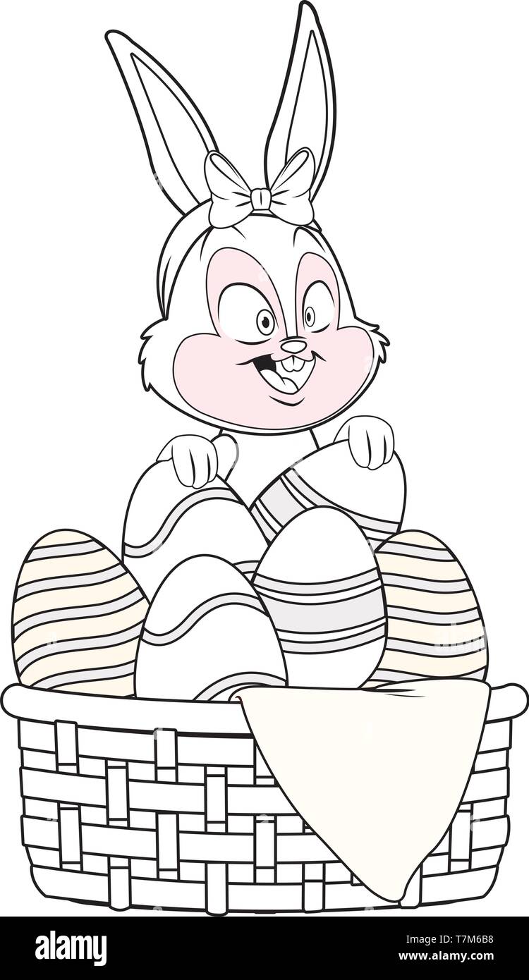 Cute easter bunny celebration egg basket black and white Stock Vector ...