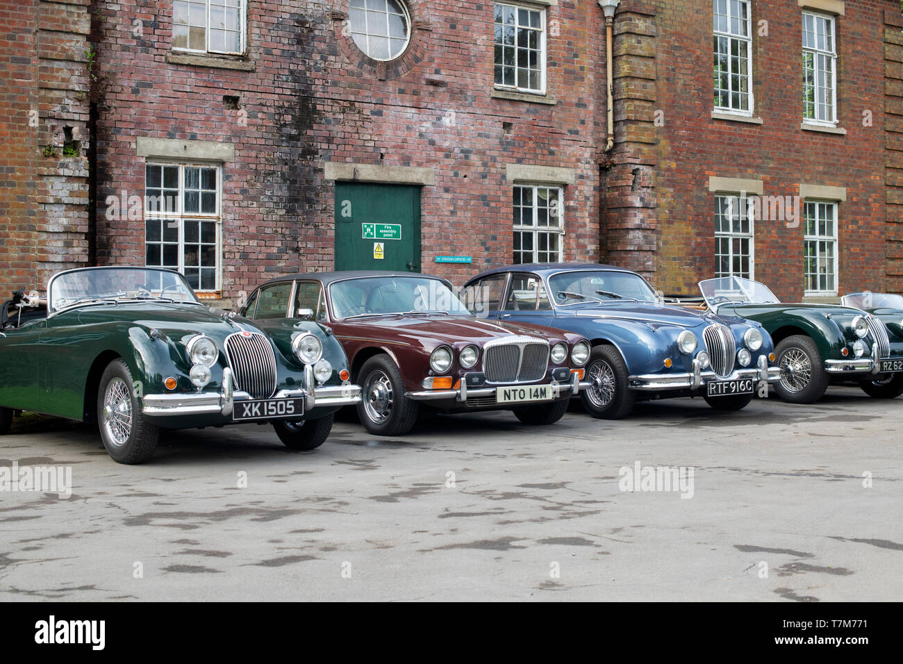 Vintage Jaguar and Daimler cars at Bicester Heritage Centre ‘Drive it day’. Bicester, Oxfordshire, England Stock Photo